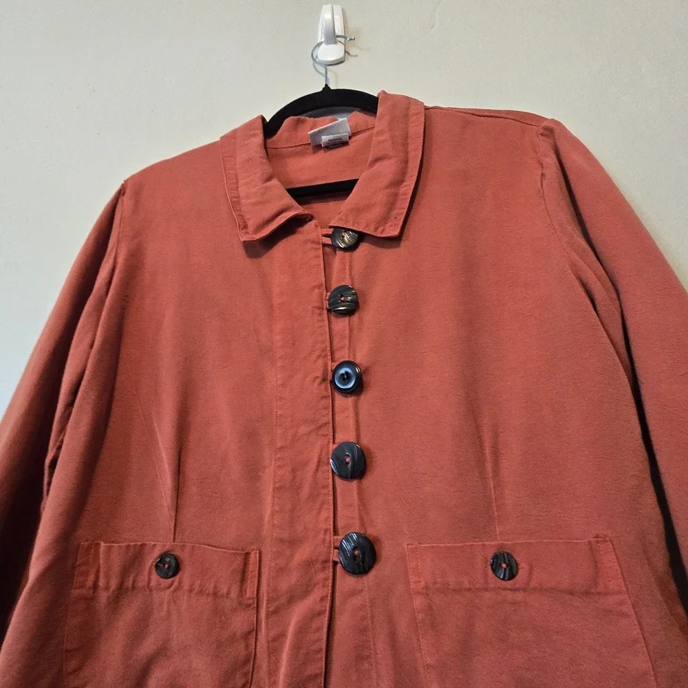 Habitat Boxy Jacket‎ Women SM Orange Tencel Pockets Button Lagenlook Artsy USA